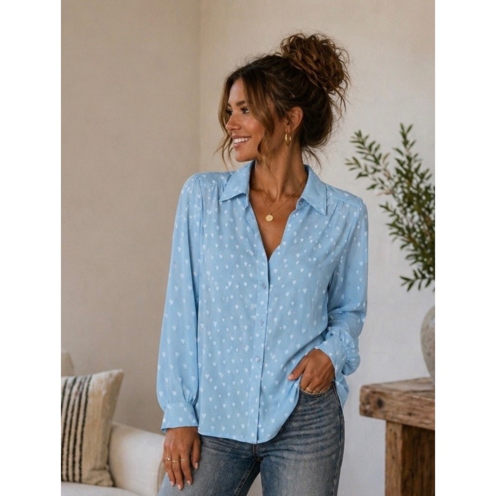 Hanae Mori Long Sleeve Button Down Collared Heart Vintage Blouse